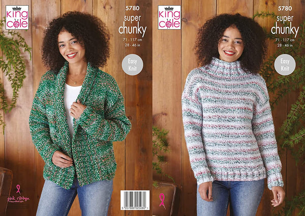 King Cole Super Chunky Knitting Pattern Easy Knit Sweater & Cardigan (5780)