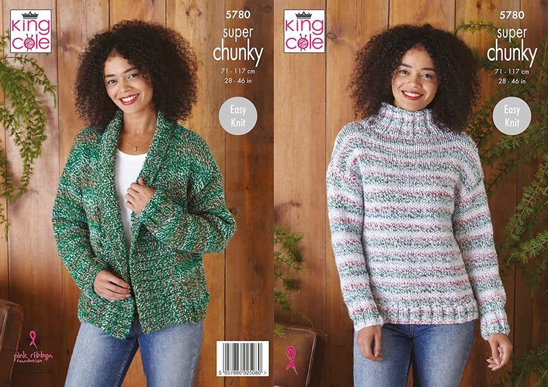 King Cole Super Chunky Knitting Pattern Easy Knit Sweater & Cardigan (5780)