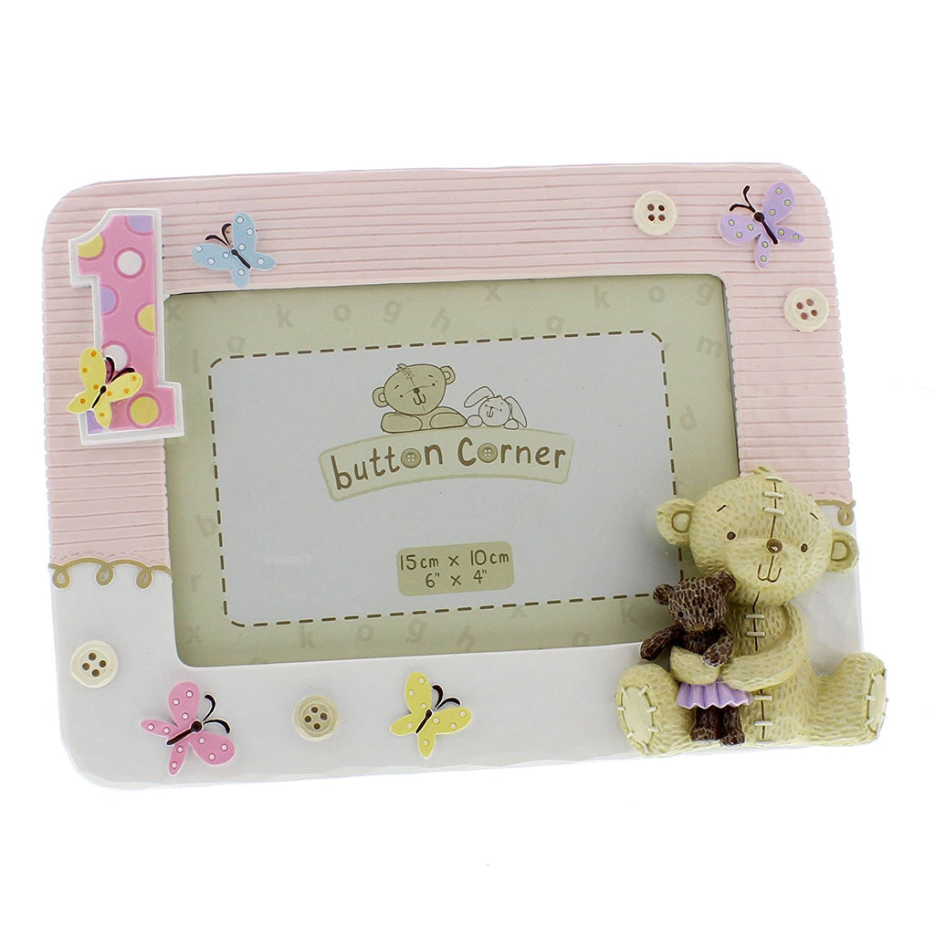Button Corner 1st Birthday Pink Resin Photo Frame - Baby Girl frame with teddy - hanrattycraftsgifts.co.uk