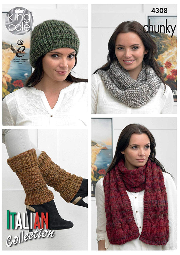 King Cole 4308 Knitting Pattern Leaflet Scarf, Cowl, Hat and Leg Warmers to knit in Venice Chunky - hanrattycraftsgifts.co.uk