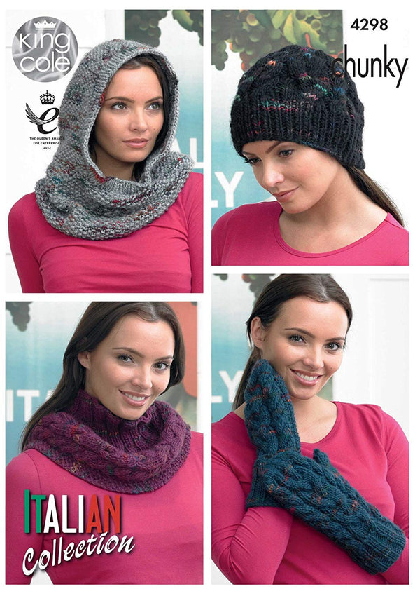 King Cole Ladies Knitting Pattern Womens Accessories Cowls Hat Mittens Florence Chunky (4298) - hanrattycraftsgifts.co.uk