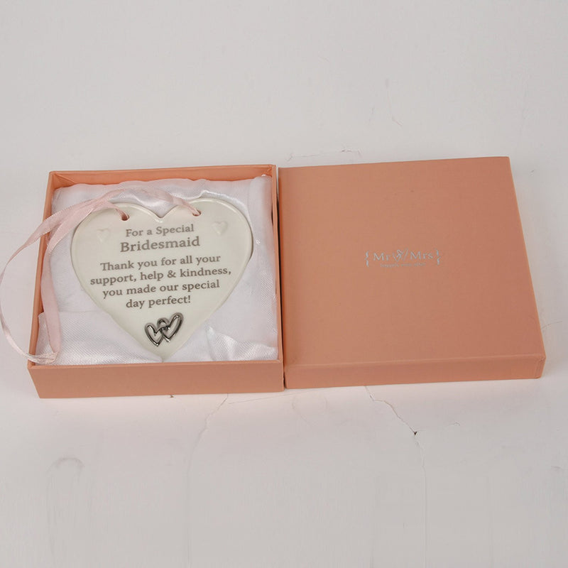 Mr & Mrs 10cm Porcelain Heart Verse Plaque - Bridesmaid - hanrattycraftsgifts.co.uk