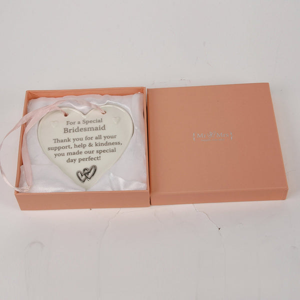 Mr & Mrs 10cm Porcelain Heart Verse Plaque - Bridesmaid - hanrattycraftsgifts.co.uk