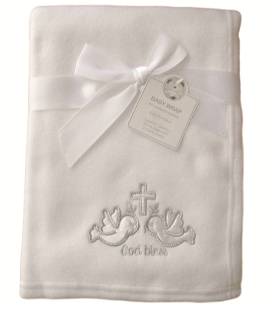 Baby White Silver God Bless Doves and Cross Wrap Blanket 100cm x 75cm approx - hanrattycraftsgifts.co.uk