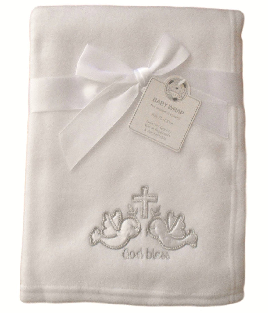 Baby White Silver God Bless Doves and Cross Wrap Blanket 100cm x 75cm approx - hanrattycraftsgifts.co.uk