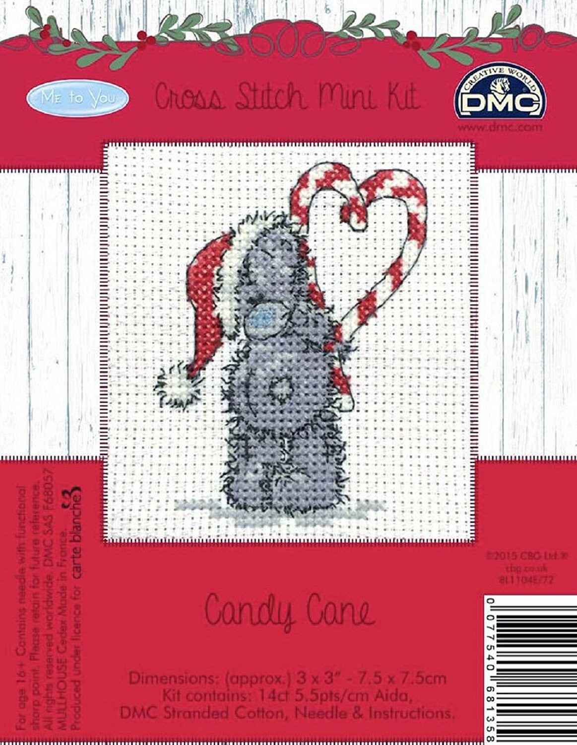 DMC Me to You Christmas Tatty Teddy Cross Stitch Mini Kit - Candy Cane - hanrattycraftsgifts.co.uk