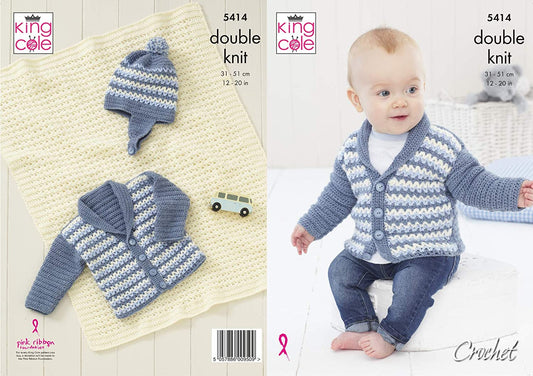 King Cole 5414 Crochet Pattern Baby Jacket Hat and Blanket in Big Value Baby DK