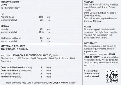 King Cole Ladies Knitting Pattern Womens Accessories Cowls Hat Mittens Florence Chunky (4298) - hanrattycraftsgifts.co.uk