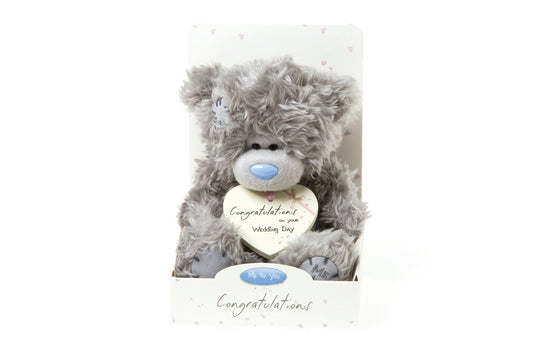 Me to You, Tatty Teddy, Grey Teddy Bear Wearing a Cream Congratulations on your Wedding Day Heart Shaped Plaque, Sits 6" Tall