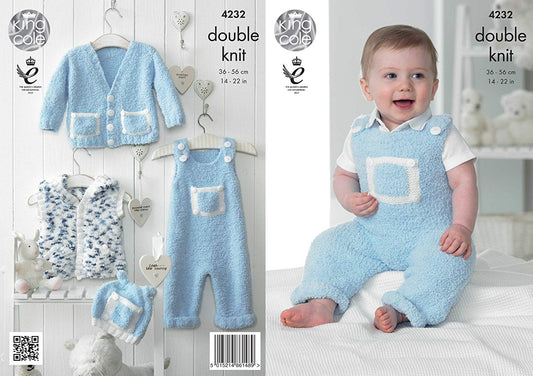 King Cole Cuddles DK Double Knitting Pattern Baby Clothes Set - Dungarees Cardigan Gilet Hat (4232) - hanrattycraftsgifts.co.uk