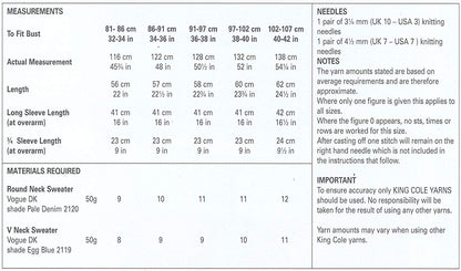 King Cole 4455 Knitting Pattern Ladies Sweaters to knit in Vogue DK - hanrattycraftsgifts.co.uk