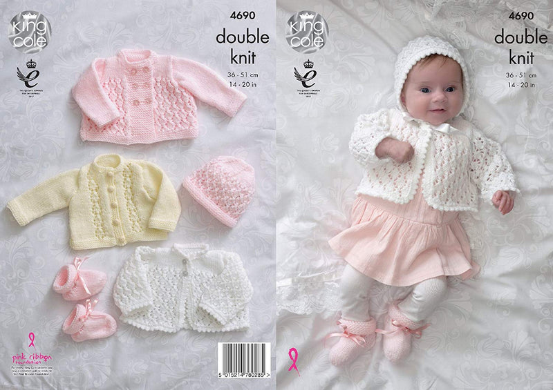 King Cole Baby Double Knitting Pattern for Matinee Coat Jacket Cardigan Bonnet Hat & Bootees (4690) by King Cole - hanrattycraftsgifts.co.uk