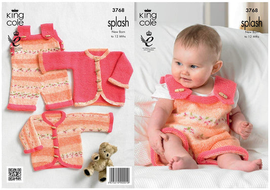King Cole Double Knitting Pattern Splash DK Baby Set Knitted Dungarees & Cardigans 3768 - hanrattycraftsgifts.co.uk