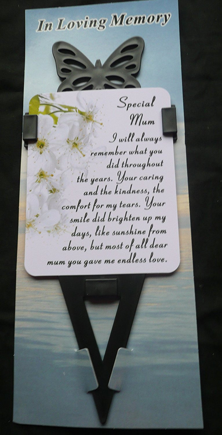 Mum Memorial laminated waterproof card with butterfly spike holder stake - hanrattycraftsgifts.co.uk