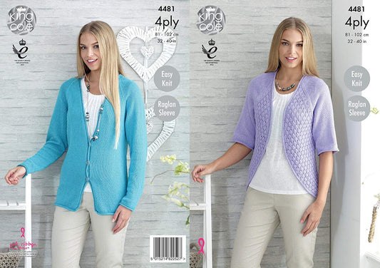King Cole 4481 Knitting Pattern Ladies Cardigan and Bolero in Bamboo Cotton 4ply - hanrattycraftsgifts.co.uk
