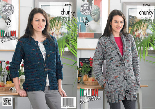 King Cole Ladies Knitting Pattern Womens Short or Long Jacket Cardigan Florence Chunky (4294) - hanrattycraftsgifts.co.uk