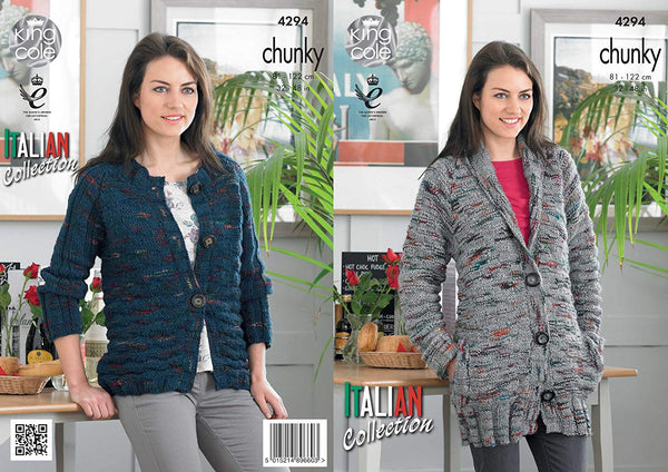 King Cole Ladies Knitting Pattern Womens Short or Long Jacket Cardigan Florence Chunky (4294) - hanrattycraftsgifts.co.uk