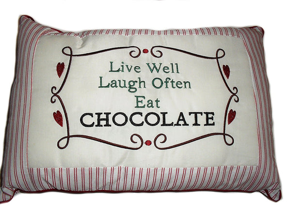 Live Well, Laugh Often, Eat Chocolate" Funny Decorative Cushion - hanrattycraftsgifts.co.uk