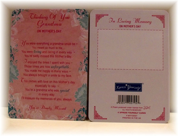 Loving Memory Mother's Day Graveside Memorial Card & Holder 5.75 x 4"- Thinking Of You Grandma 35006 - hanrattycraftsgifts.co.uk