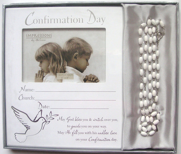 CONFIRMATION DAY PHOTO FRAME WITH A SET OF ROSARY BEADS TAKES 15cmx10cm 6"x4" PHOTO - hanrattycraftsgifts.co.uk