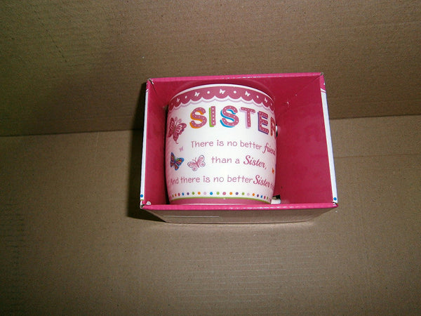 "Sister" Sentimental Pink Butterfly Ceramic Mug with Presentation Box - hanrattycraftsgifts.co.uk