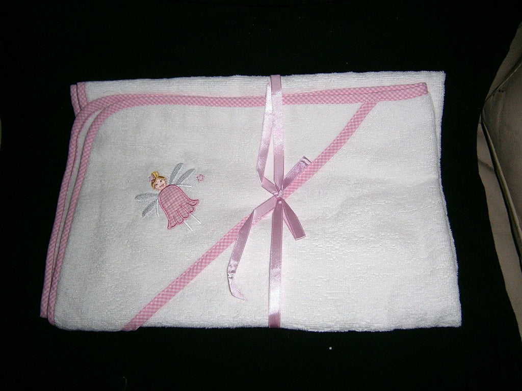 baby girl white pink gingham edged embroided fairy mottif hooded towel size30"x30" - hanrattycraftsgifts.co.uk