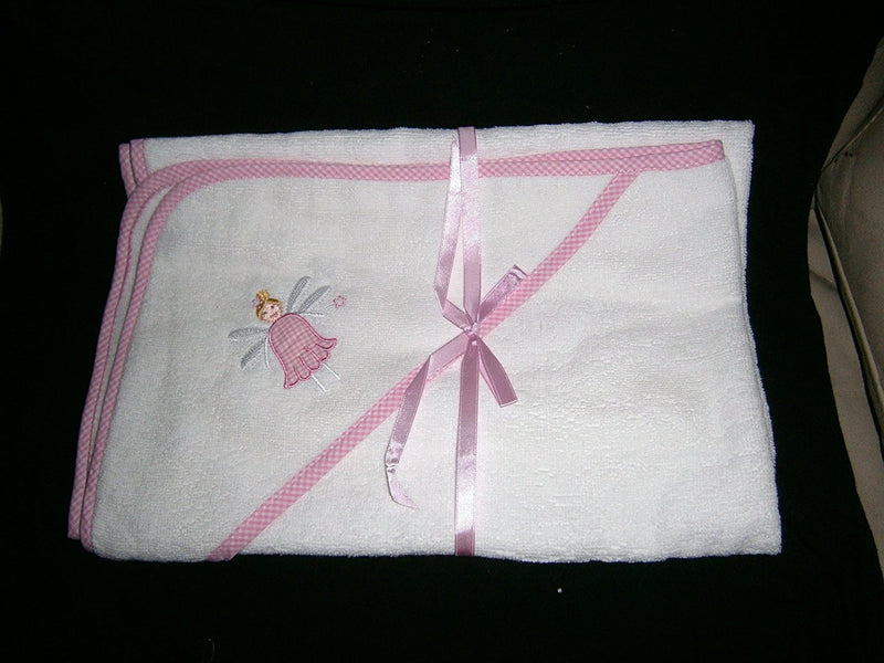 baby girl white pink gingham edged embroided fairy mottif hooded towel size30"x30" - hanrattycraftsgifts.co.uk