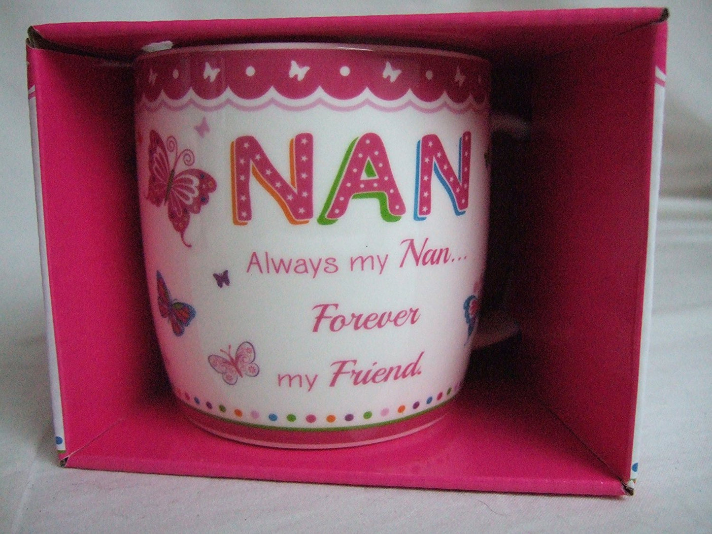 "Nan" Pink Butterfly Pattern Sentimental Mug - hanrattycraftsgifts.co.uk