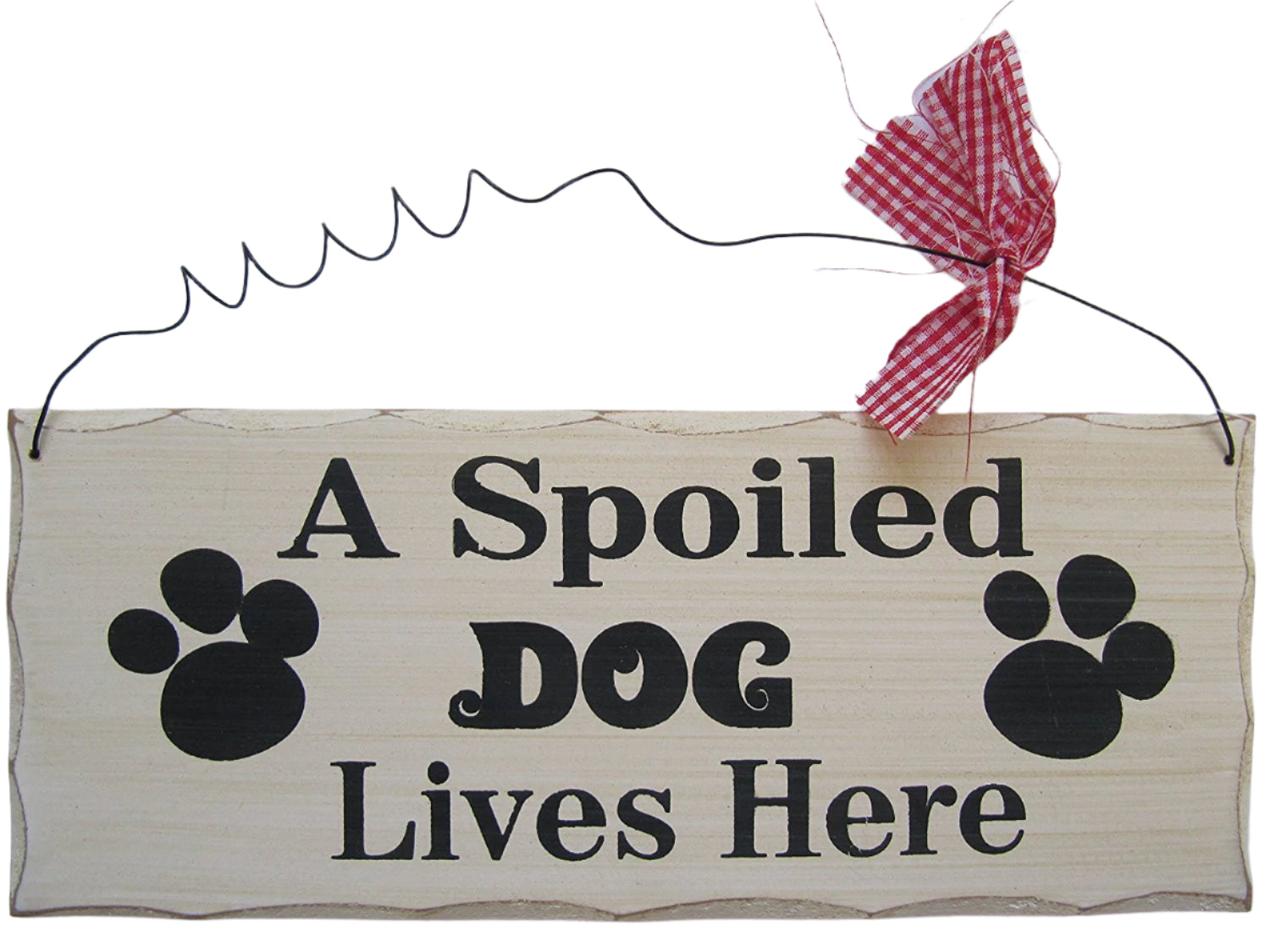 FANTASTIC A SPOILED DOG LIVES HERE SHABBY WOODEN HANGING SIGN PLAQUE & RIBBON - hanrattycraftsgifts.co.uk