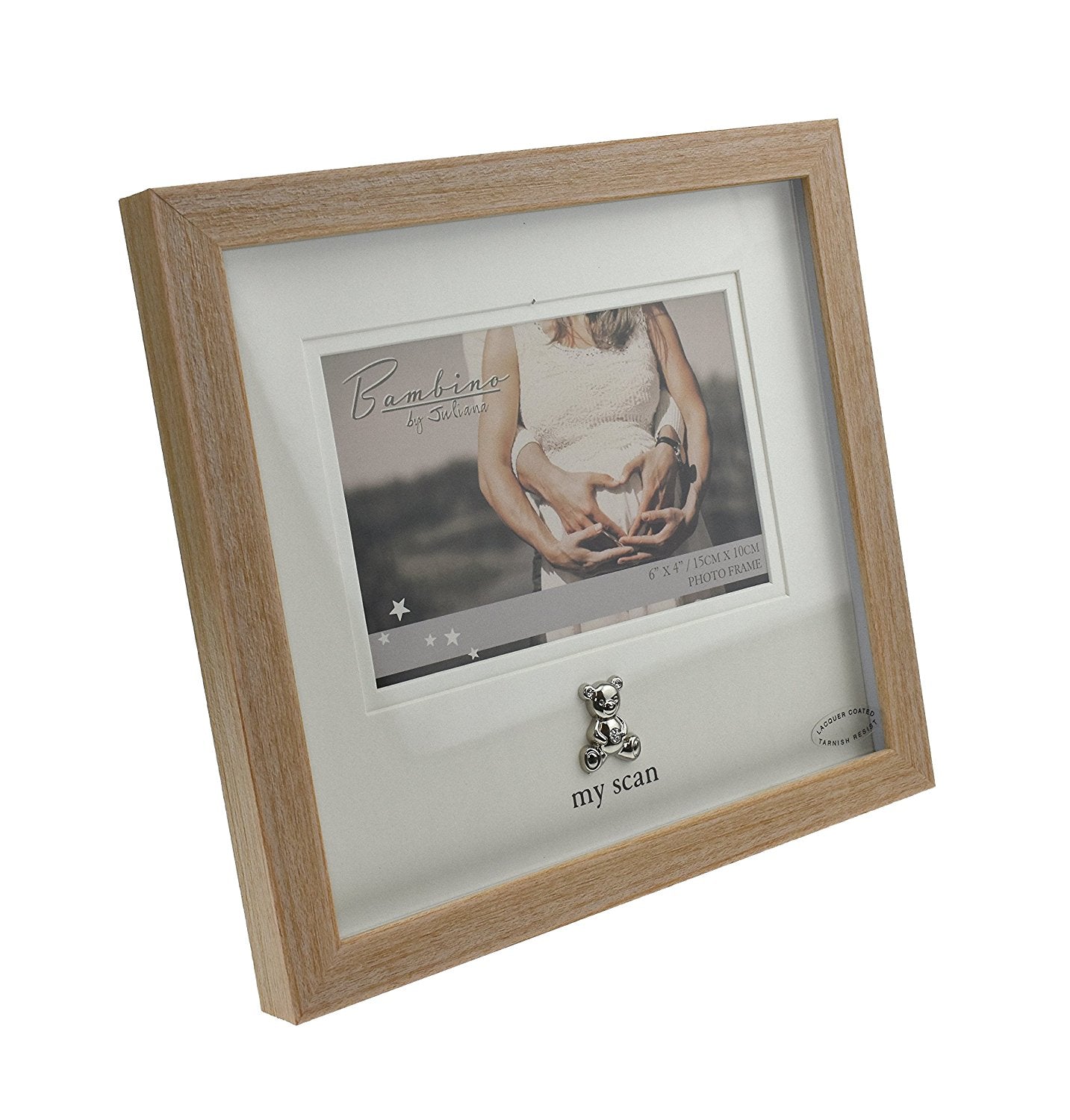Bambino Light Wooden effect "My Scan"Picture Frame with Silver Pram Icon 6" x 4" - hanrattycraftsgifts.co.uk