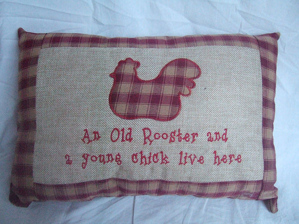 Old Rooster and Young Chick Live Here" Husband / Wife Themed Decorative Cushion - hanrattycraftsgifts.co.uk