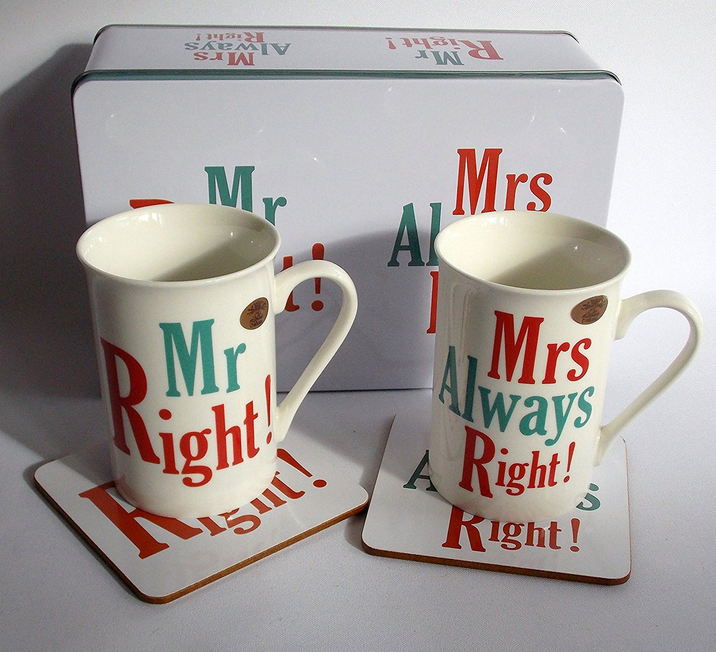 mr & mrs right mug & coaster one set in a tin - hanrattycraftsgifts.co.uk