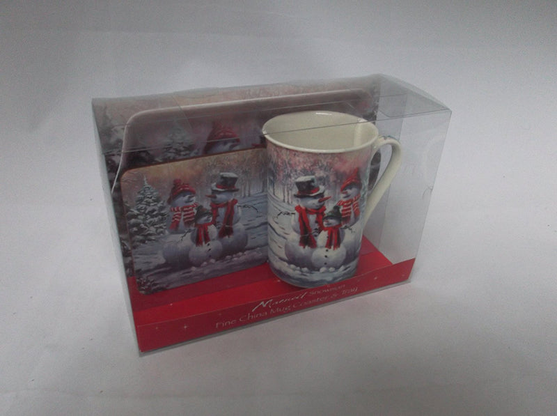 Christmas Snowman fine bone china set includes - mug coaster & tray - hanrattycraftsgifts.co.uk