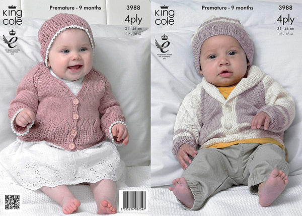 King Cole 3988 Knitting Pattern Baby Matinee Coat, Cardigan and Hats to knit in King Cole Bamboo Cotton 4 Ply - hanrattycraftsgifts.co.uk