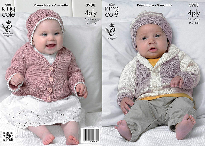 King Cole 3988 Knitting Pattern Baby Matinee Coat, Cardigan and Hats to knit in King Cole Bamboo Cotton 4 Ply - hanrattycraftsgifts.co.uk