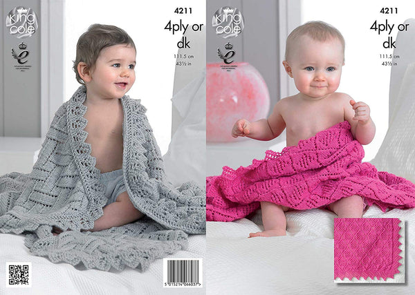 King Cole 4211 Knitting Pattern Baby Shawls to knit in King Cole 4 Ply or DK - hanrattycraftsgifts.co.uk