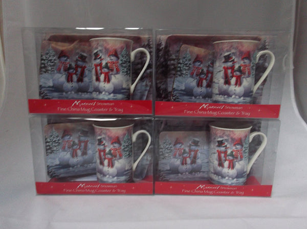 Christmas Snowman fine bone china set includes - mug coaster & tray - hanrattycraftsgifts.co.uk