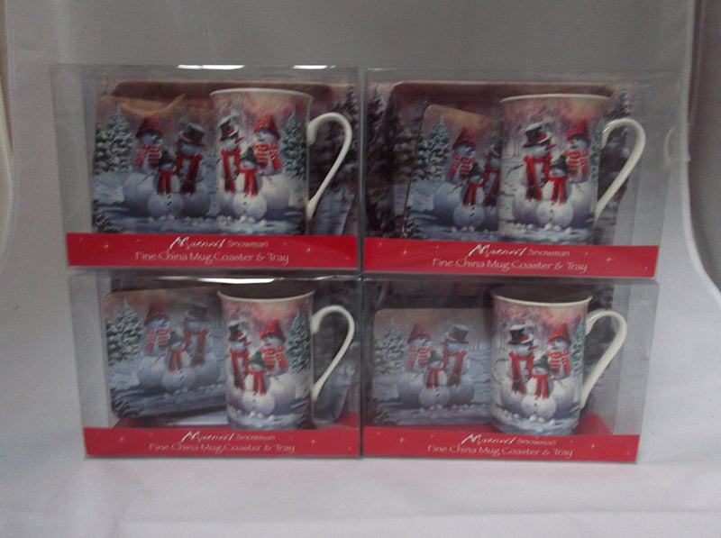 Christmas Snowman fine bone china set includes - mug coaster & tray - hanrattycraftsgifts.co.uk