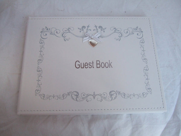 White and Silver Wedding Guest Book with Love Heart Motif - 40 Double Sided Pages - hanrattycraftsgifts.co.uk