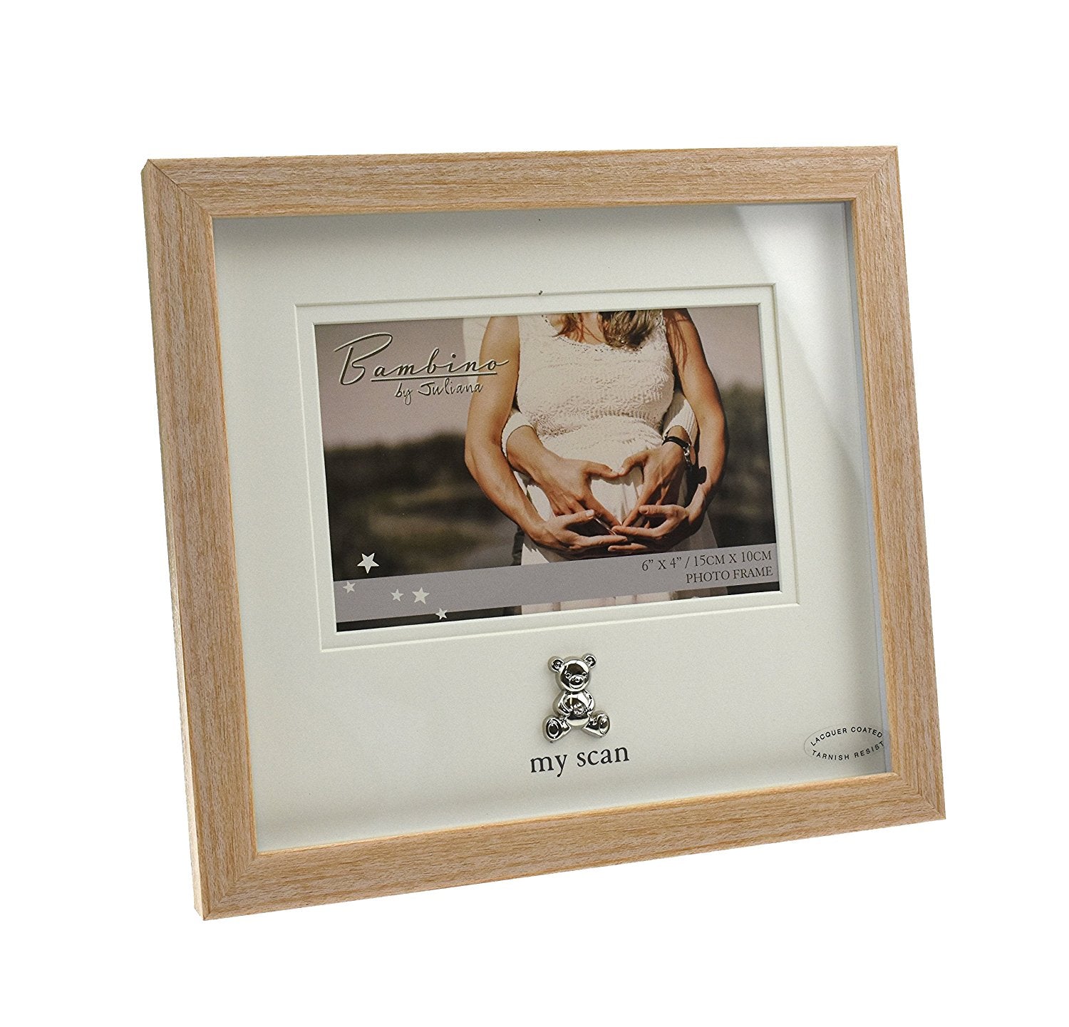 Bambino Light Wooden effect "My Scan"Picture Frame with Silver Pram Icon 6" x 4" - hanrattycraftsgifts.co.uk