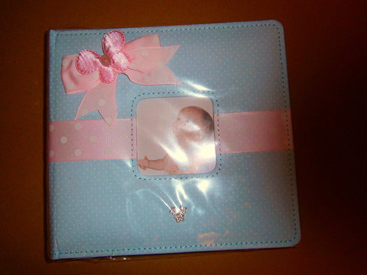 baby photo album blue polkadot and ribon front - hanrattycraftsgifts.co.uk