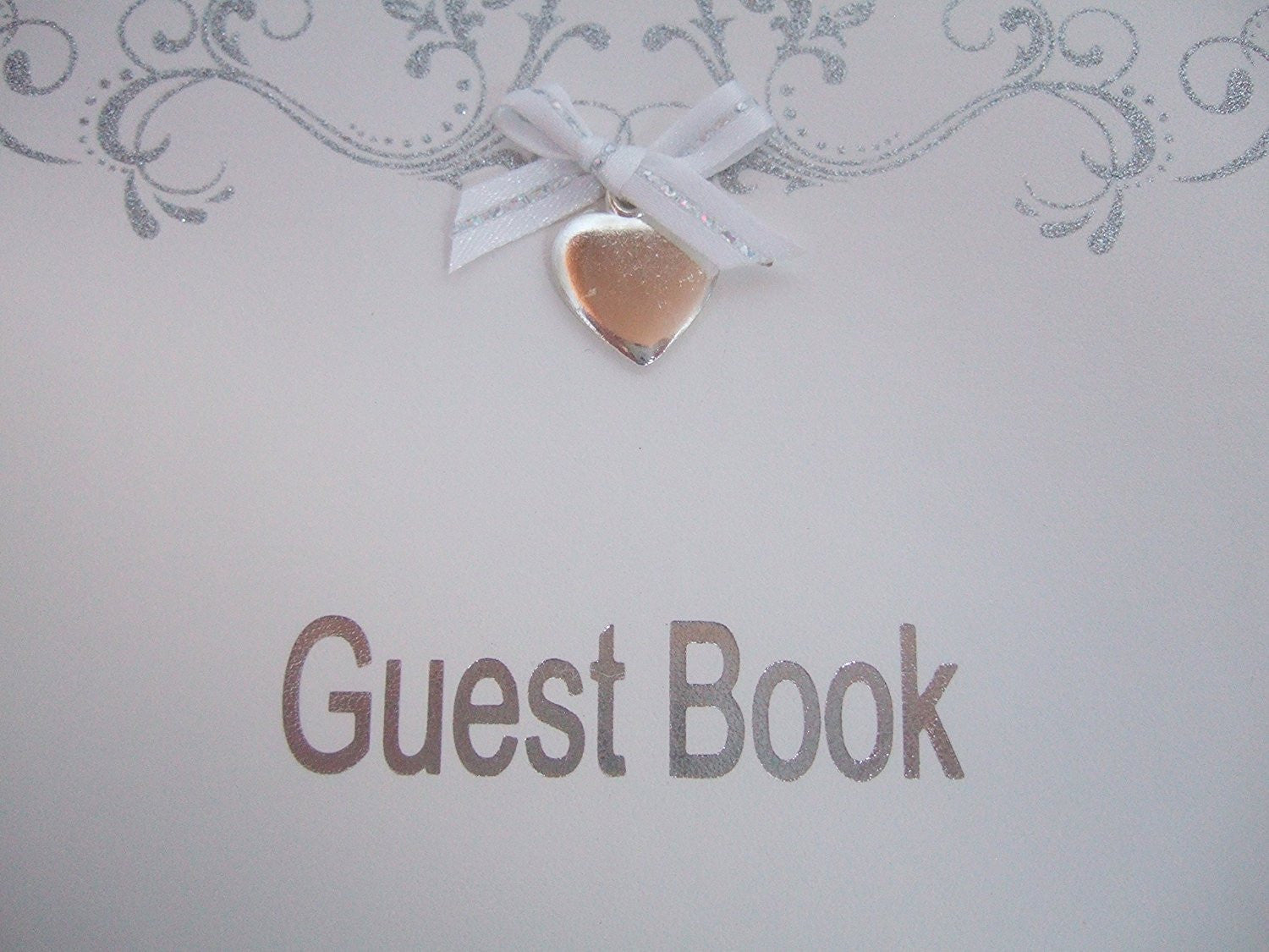 White and Silver Wedding Guest Book with Love Heart Motif - 40 Double Sided Pages - hanrattycraftsgifts.co.uk