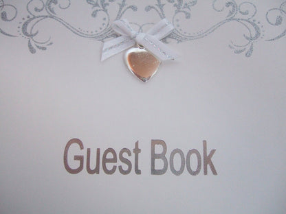 White and Silver Wedding Guest Book with Love Heart Motif - 40 Double Sided Pages - hanrattycraftsgifts.co.uk