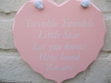 HEART SHAPED TWINKLE TWINKLE LITTLE STAR... SHABBY CHIC WOODEN HANGING PLAQUE - hanrattycraftsgifts.co.uk