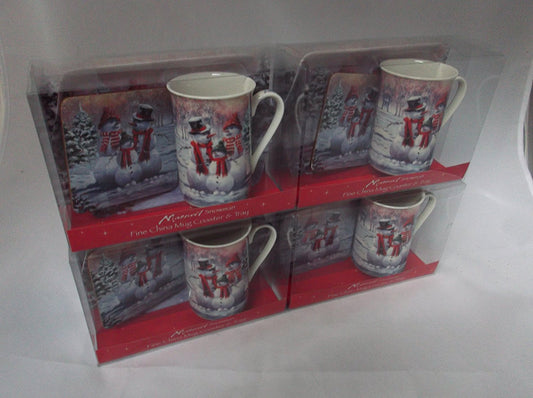 Christmas Snowman fine bone china set includes - mug coaster & tray - hanrattycraftsgifts.co.uk