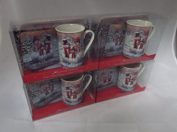 Christmas Snowman fine bone china set includes - mug coaster & tray - hanrattycraftsgifts.co.uk