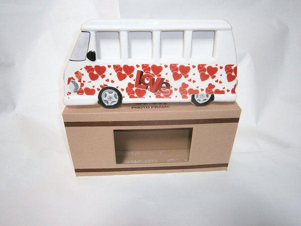 vw picture frame love bus red hearts on white background - hanrattycraftsgifts.co.uk