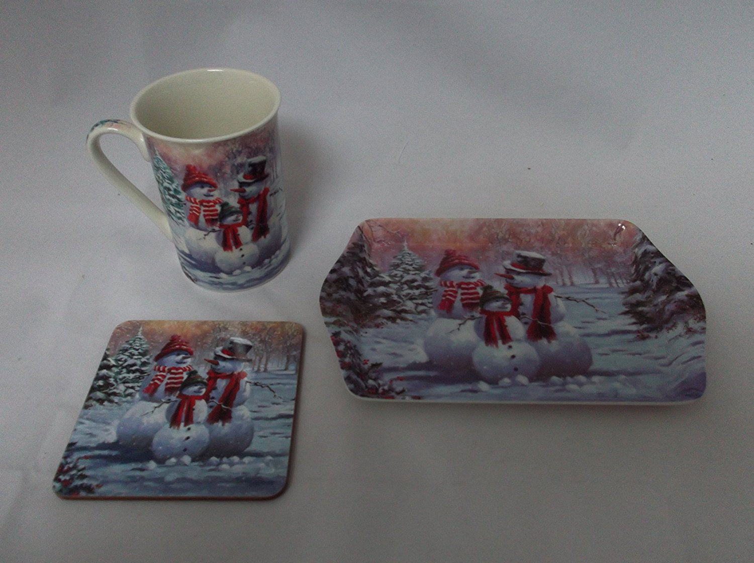 Christmas Snowman fine bone china set includes - mug coaster & tray - hanrattycraftsgifts.co.uk