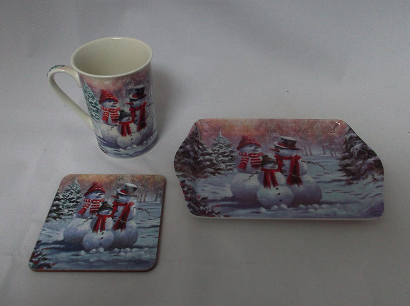 Christmas Snowman fine bone china set includes - mug coaster & tray - hanrattycraftsgifts.co.uk