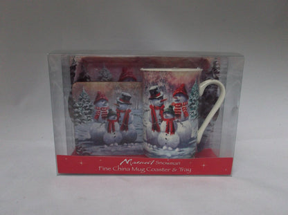 Christmas Snowman fine bone china set includes - mug coaster & tray - hanrattycraftsgifts.co.uk